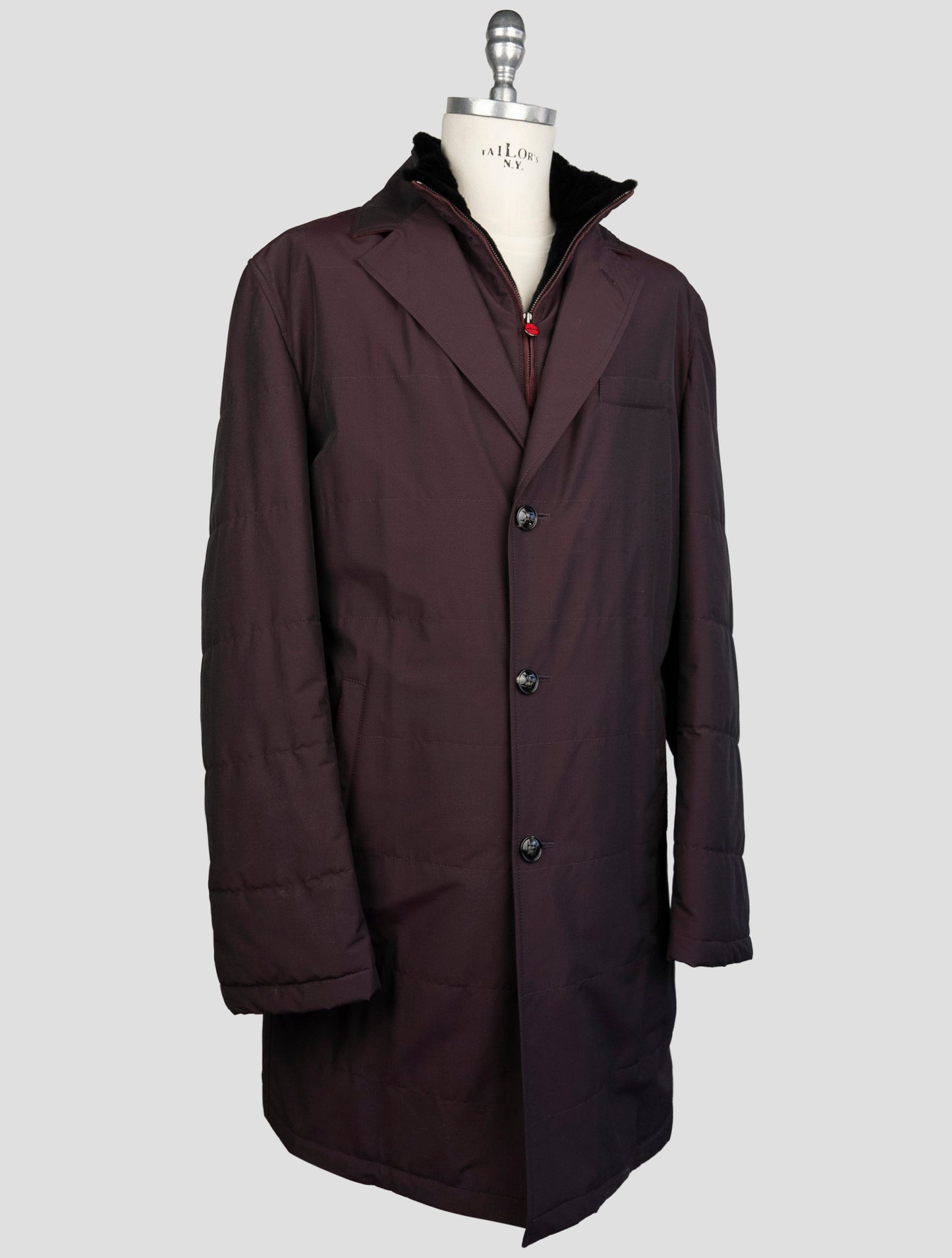Kiton Burgundy Fleece Wool Pa Weasel Fur Overcoat