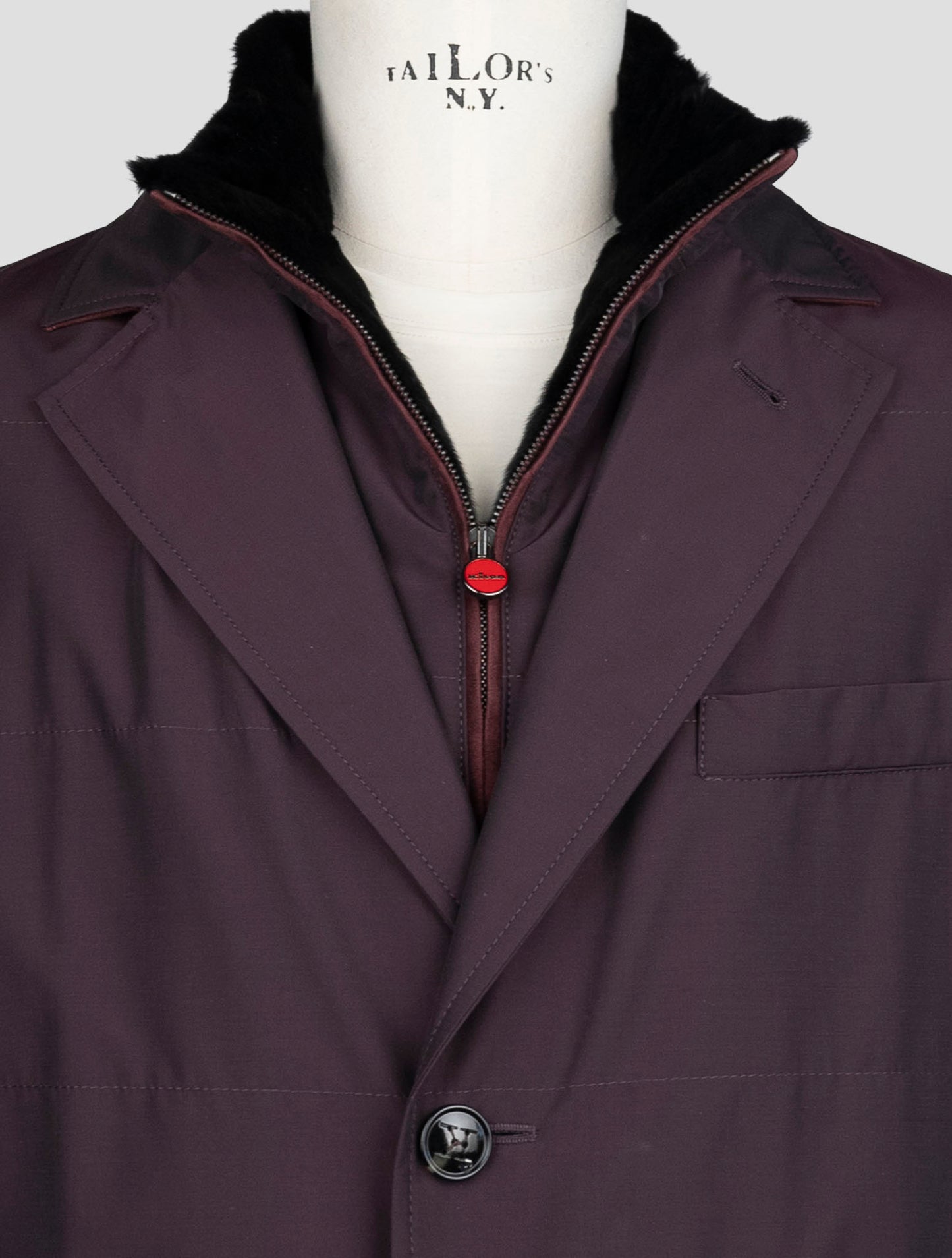 Kiton Burgundy Fleece Wool Pa Weasel Fur Overcoat