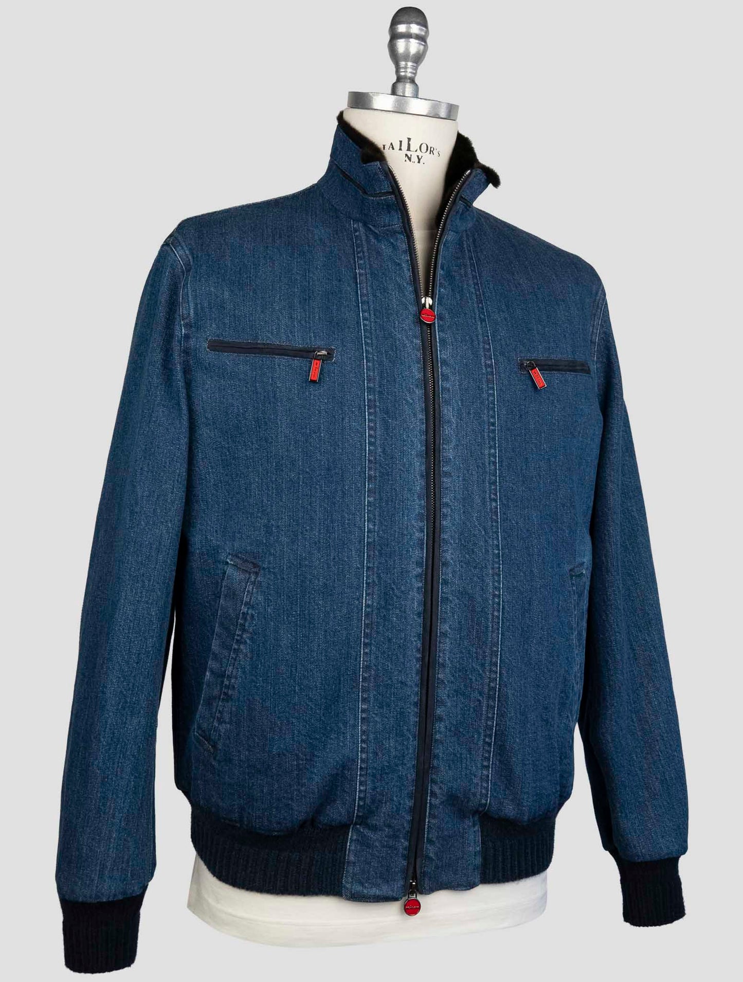 Kiton Blue Cotton Ea Weasel Fur Coat