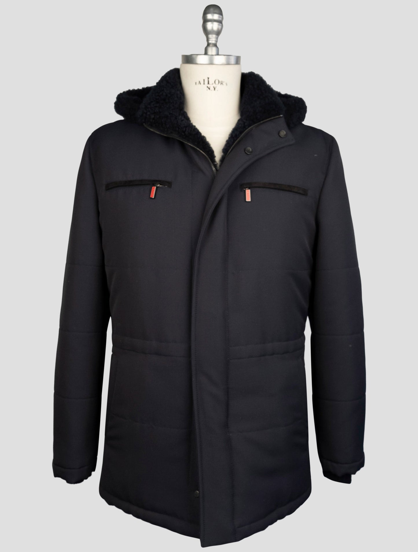 Kiton Blue Wool Pa Shearling Fur Coat