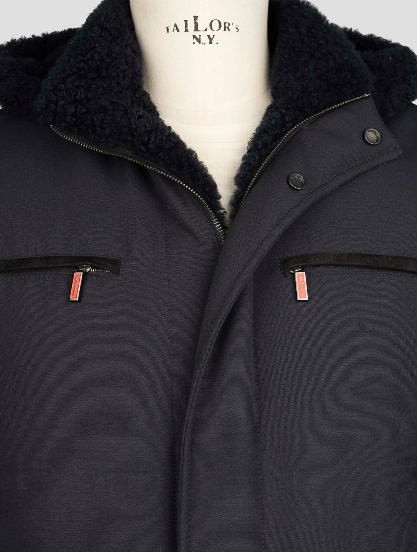 Kiton Blue Wool Pa Shearling Fur Coat