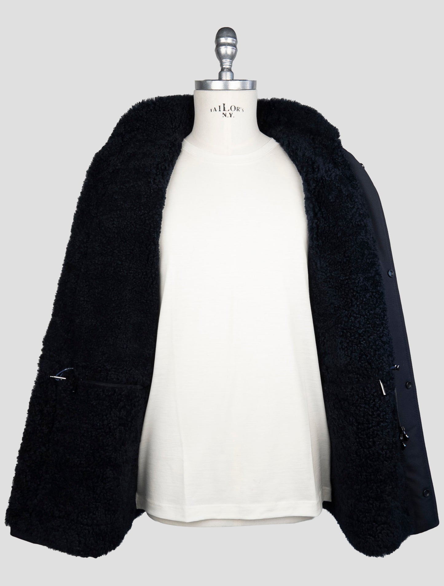 Kiton Blue Wool Pa Shearling Fur Coat