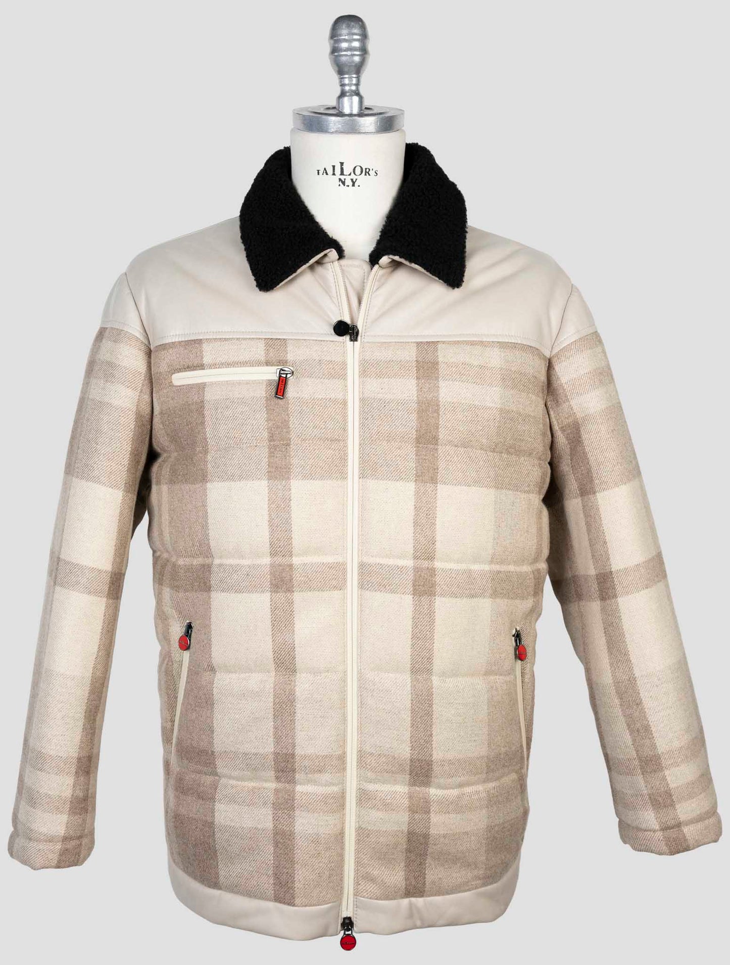 Kiton Beige Cashmere Wool Leather Coat