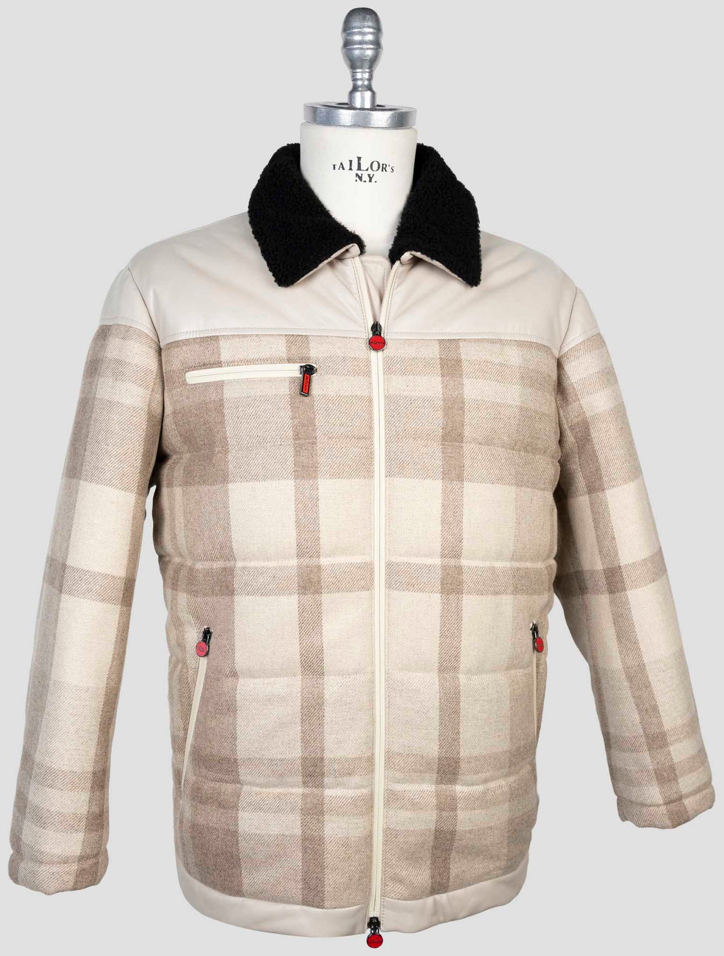 Kiton Beige Cashmere Wool Leather Coat