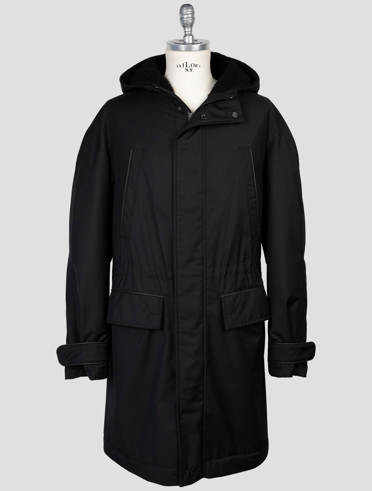 Kiton Black Pl Viscose Shearling Fur Overcoat