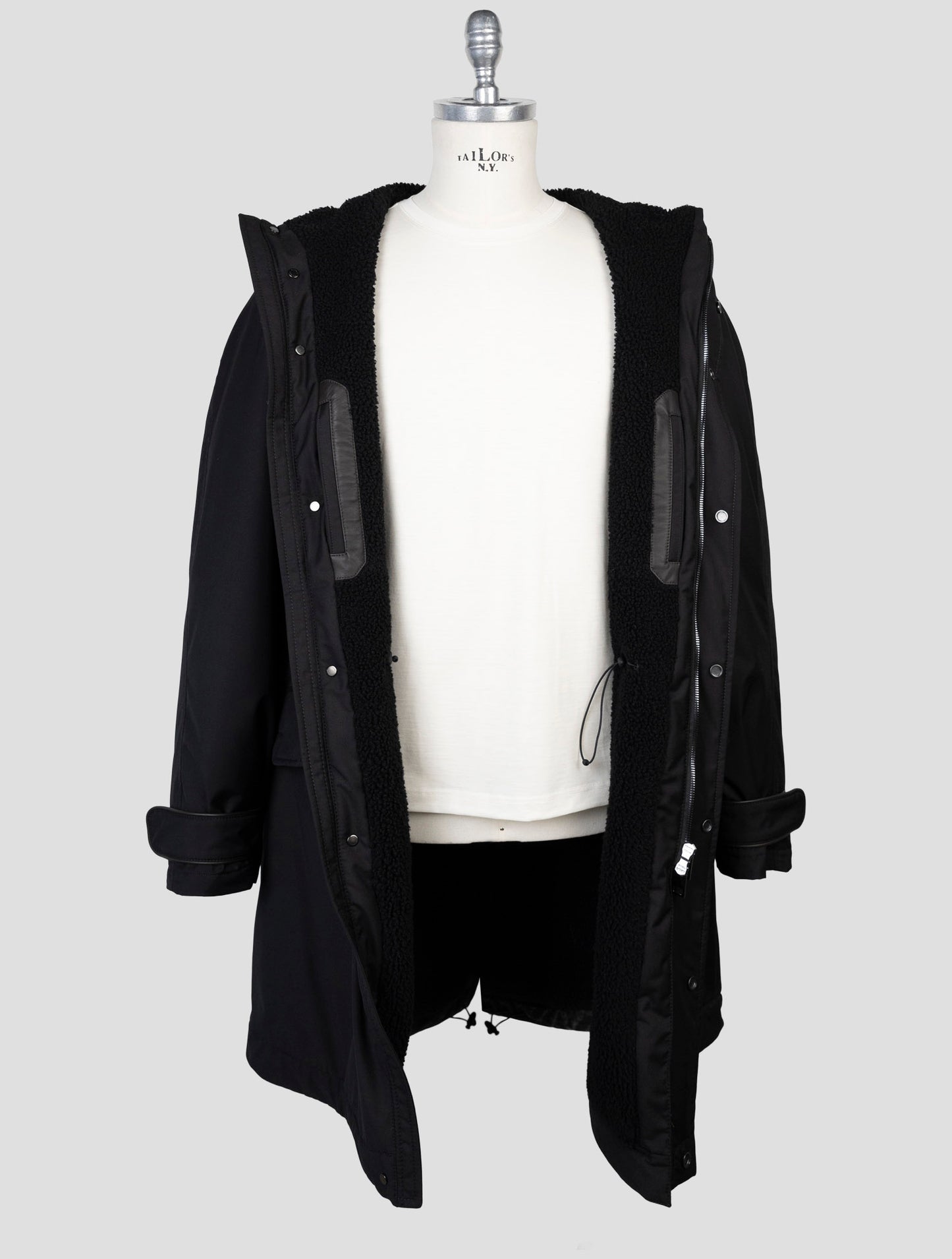Kiton Black Pl Viscose Shearling Fur Overcoat