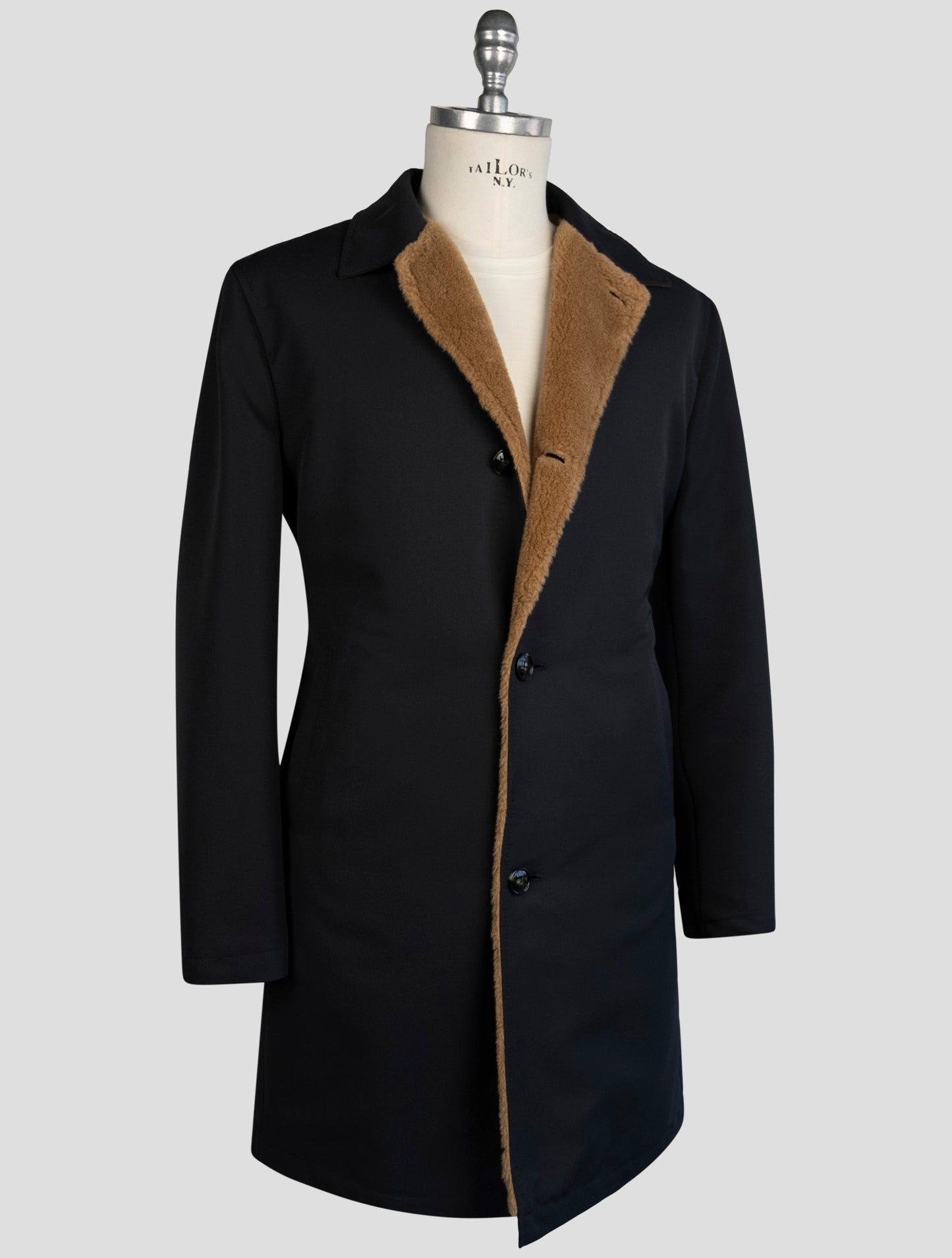 Kiton Blue Wool Pa Shearling Fur Overcoat