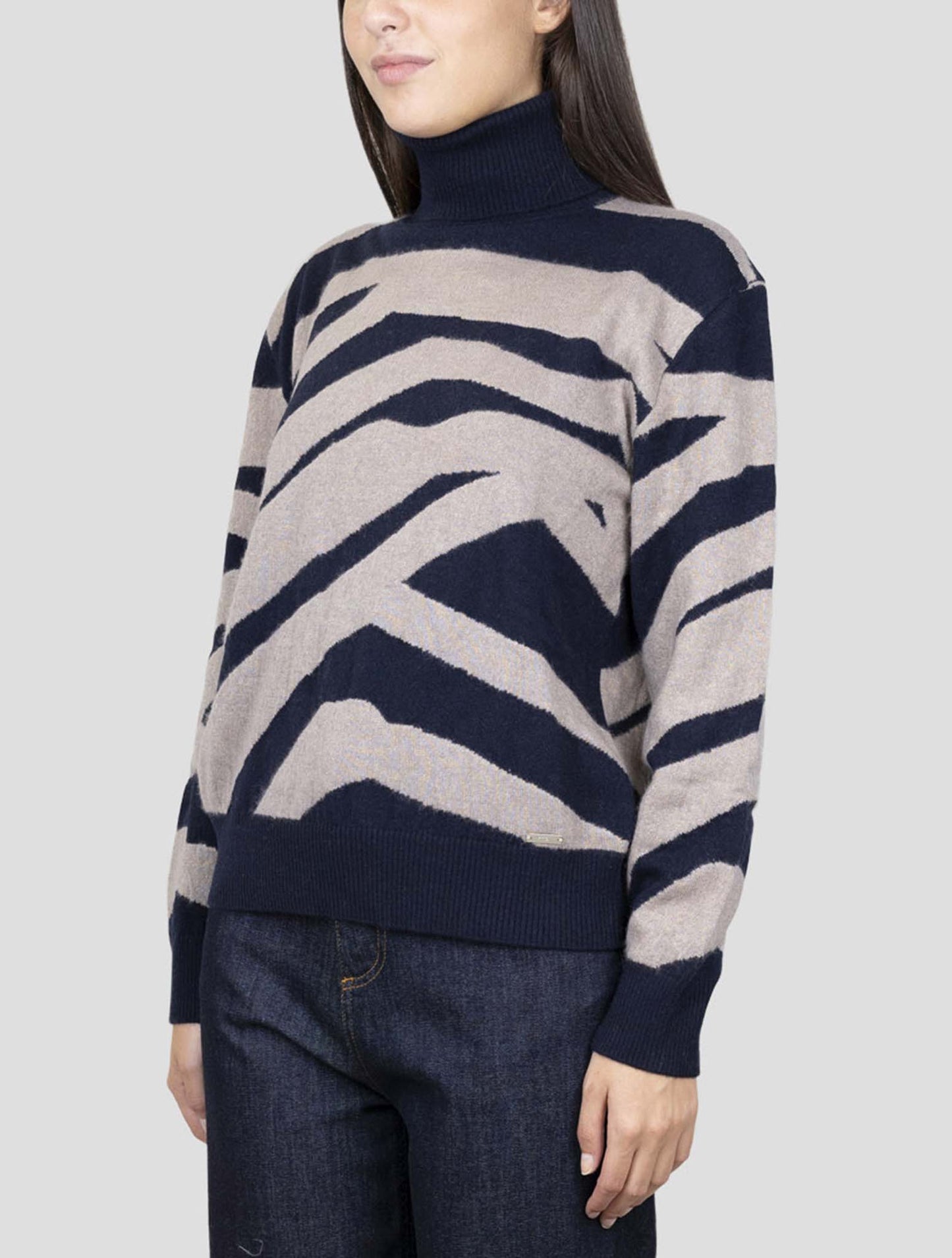 Kiton Blue Beige Cashmere Silk Sweater Turtleneck