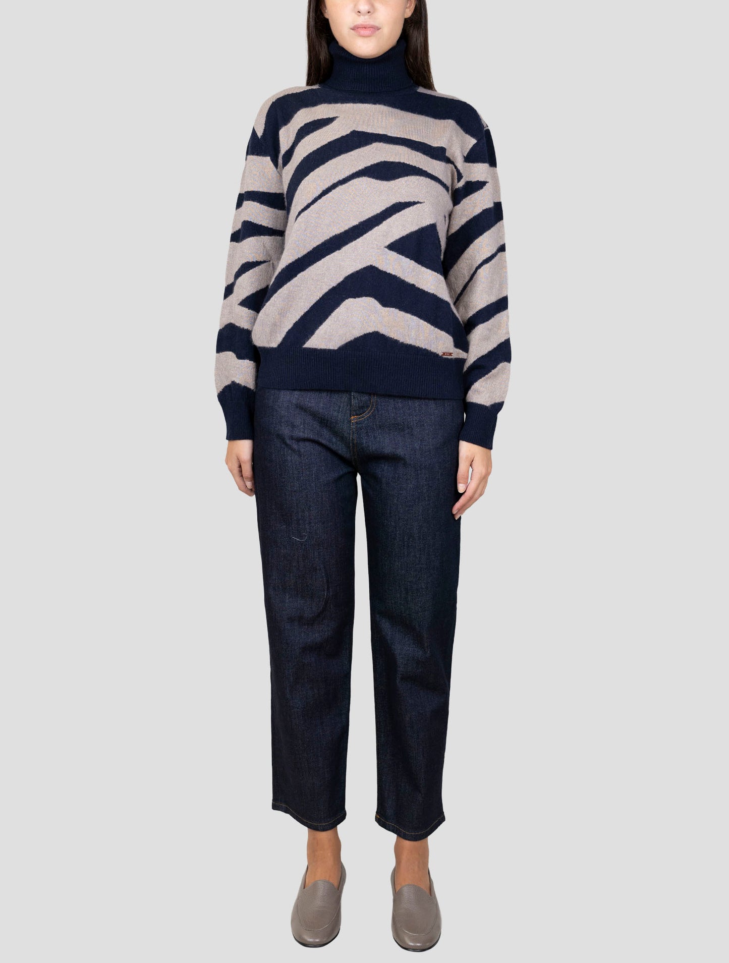 Kiton Blue Beige Cashmere Silk Sweater Turtleneck