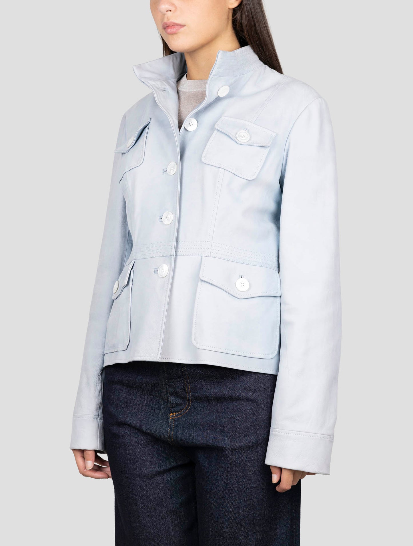 Kiton Light Blue Leather Coat