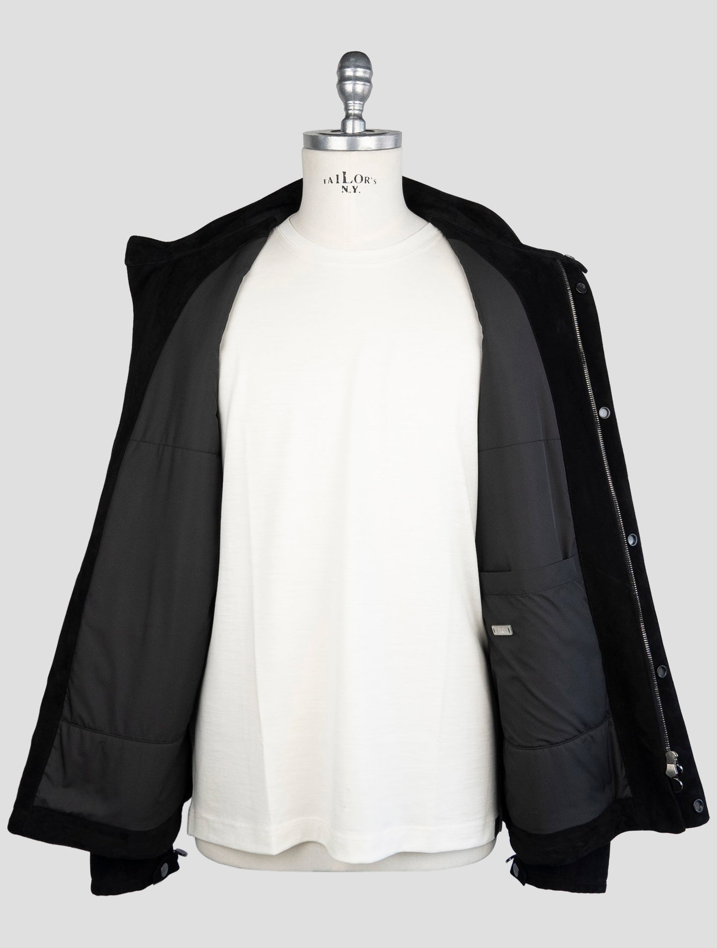 Kiton Black Leather Suede Coat