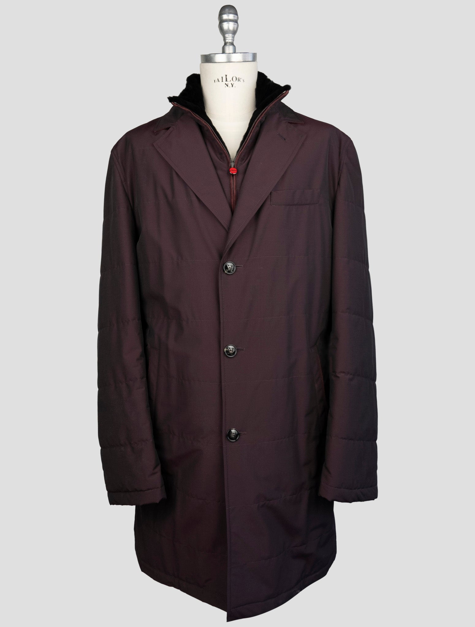 Kiton Burgundy Fleece Wool Pa Weasel Fur Overcoat