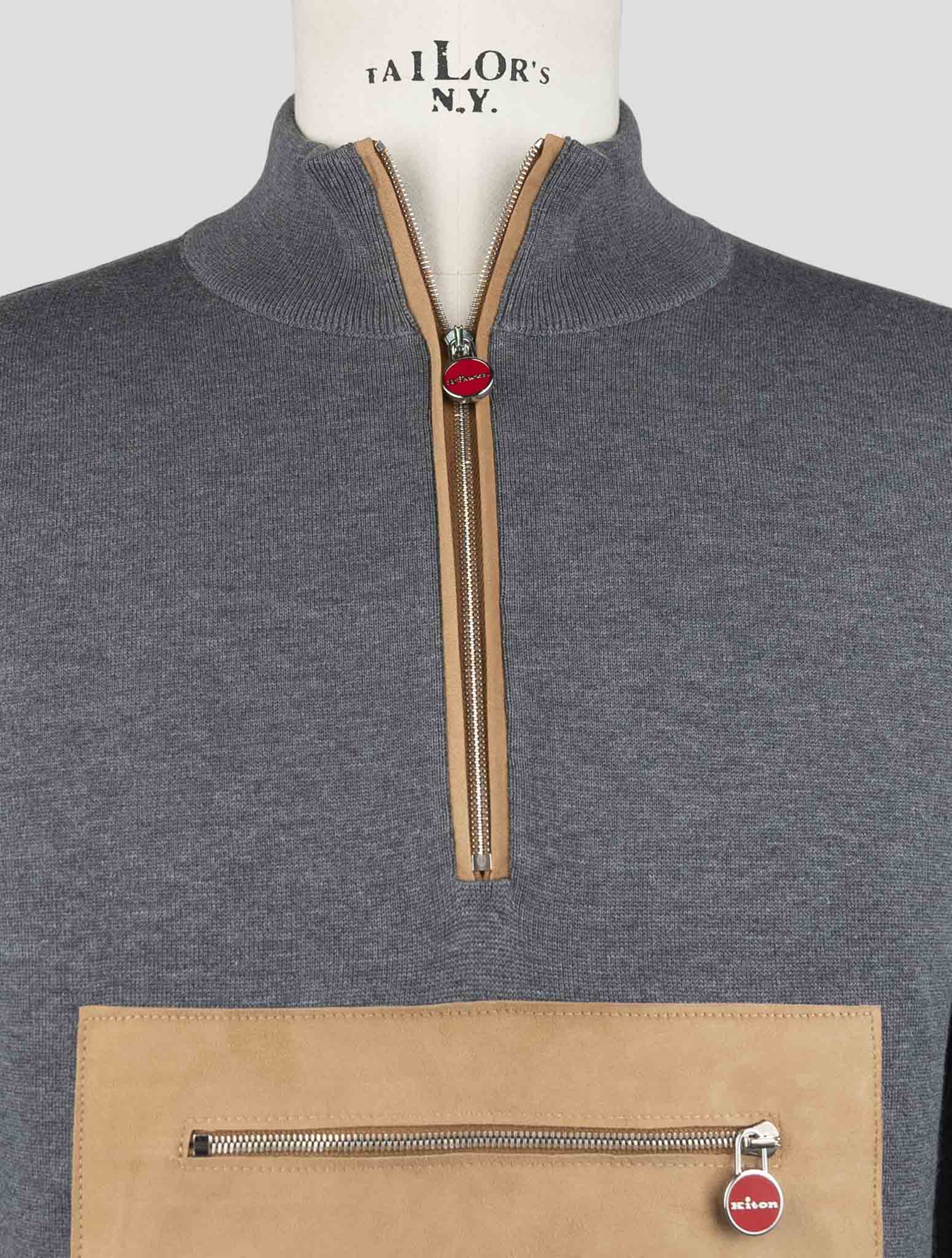 Kiton Gray Cotton Sweater Half Zip
