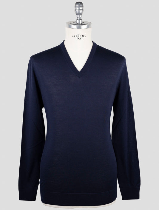 Kiton Blue Wool 14 Micron Sweater V-Neck