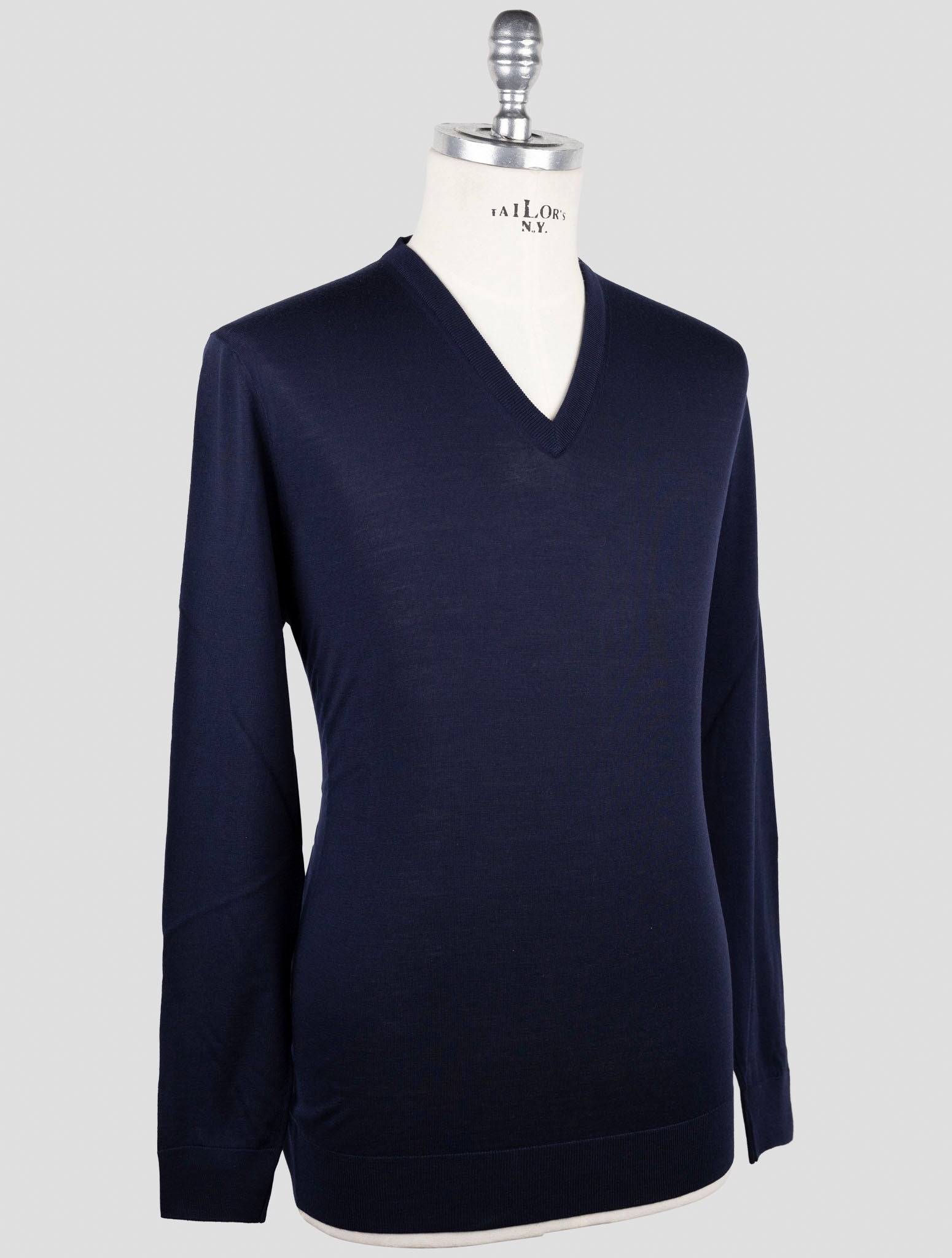 Kiton Blue Wool 14 Micron Sweater V-Neck