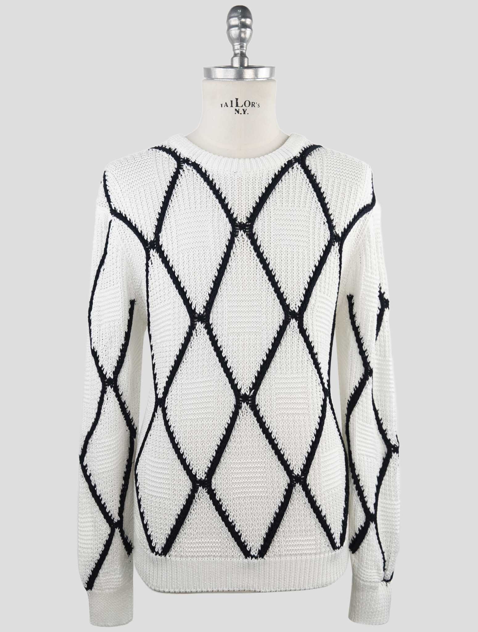 Kiton White Black Cotton Sweater Crewneck