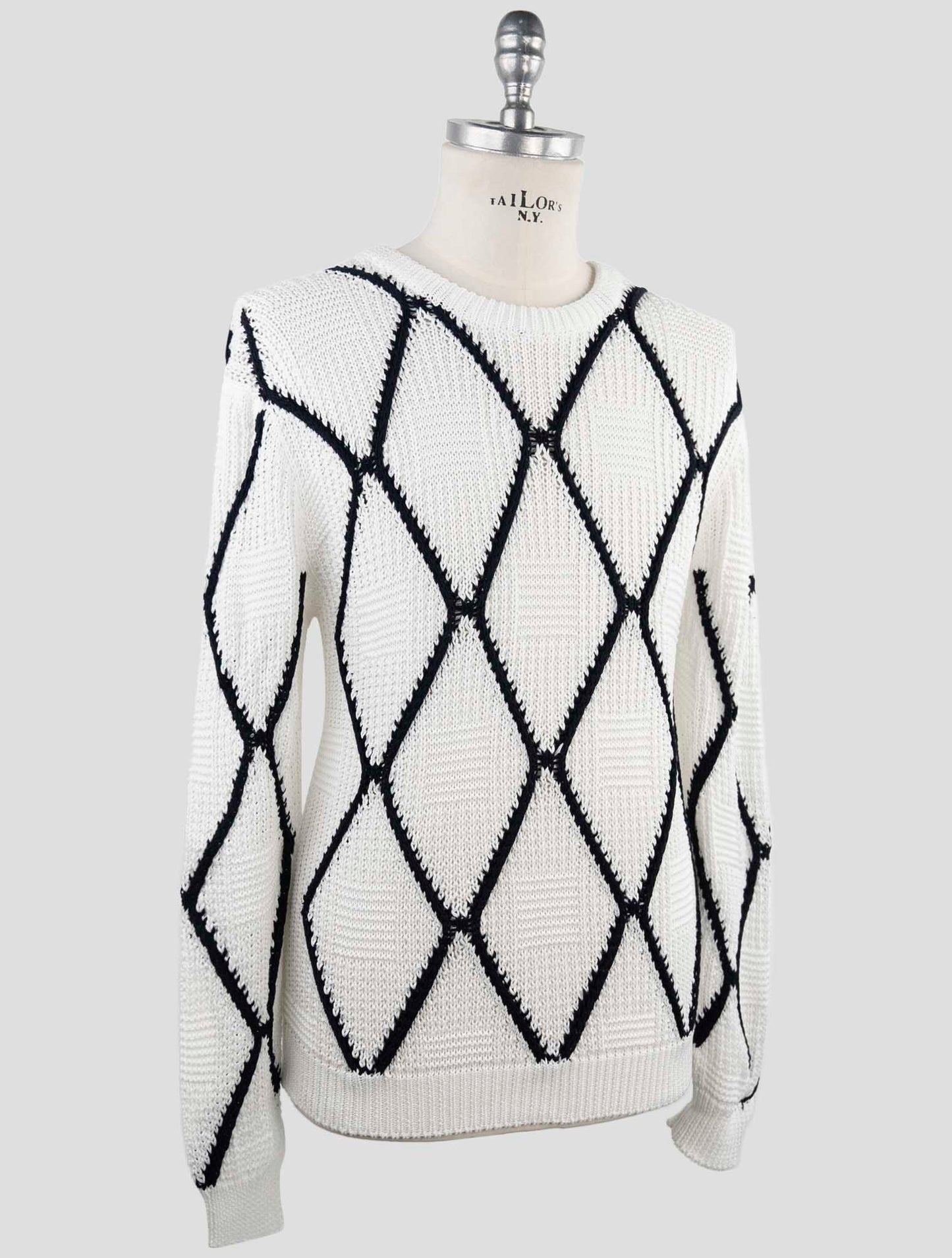 Kiton White Black Cotton Sweater Crewneck