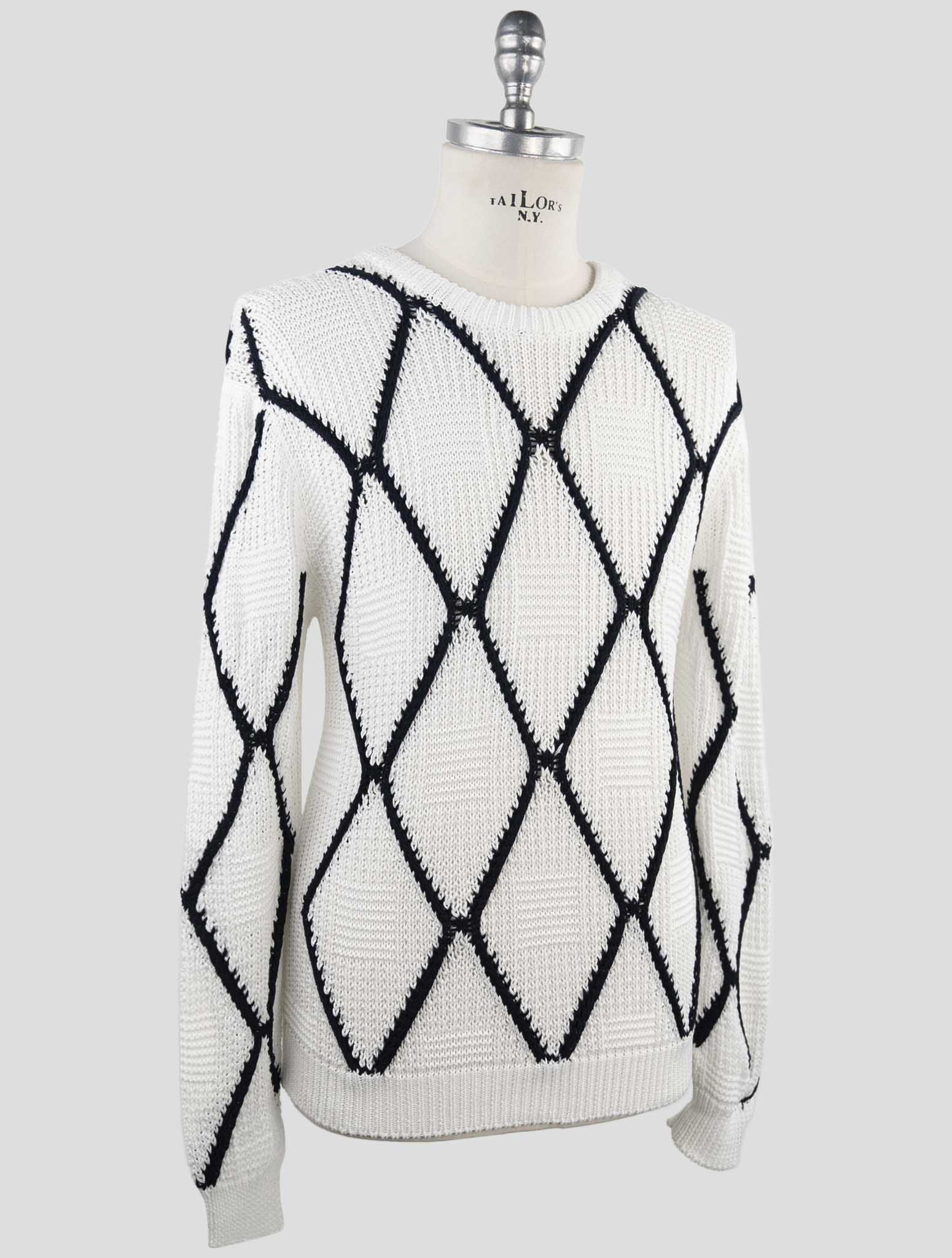 Kiton White Black Cotton Sweater Crewneck