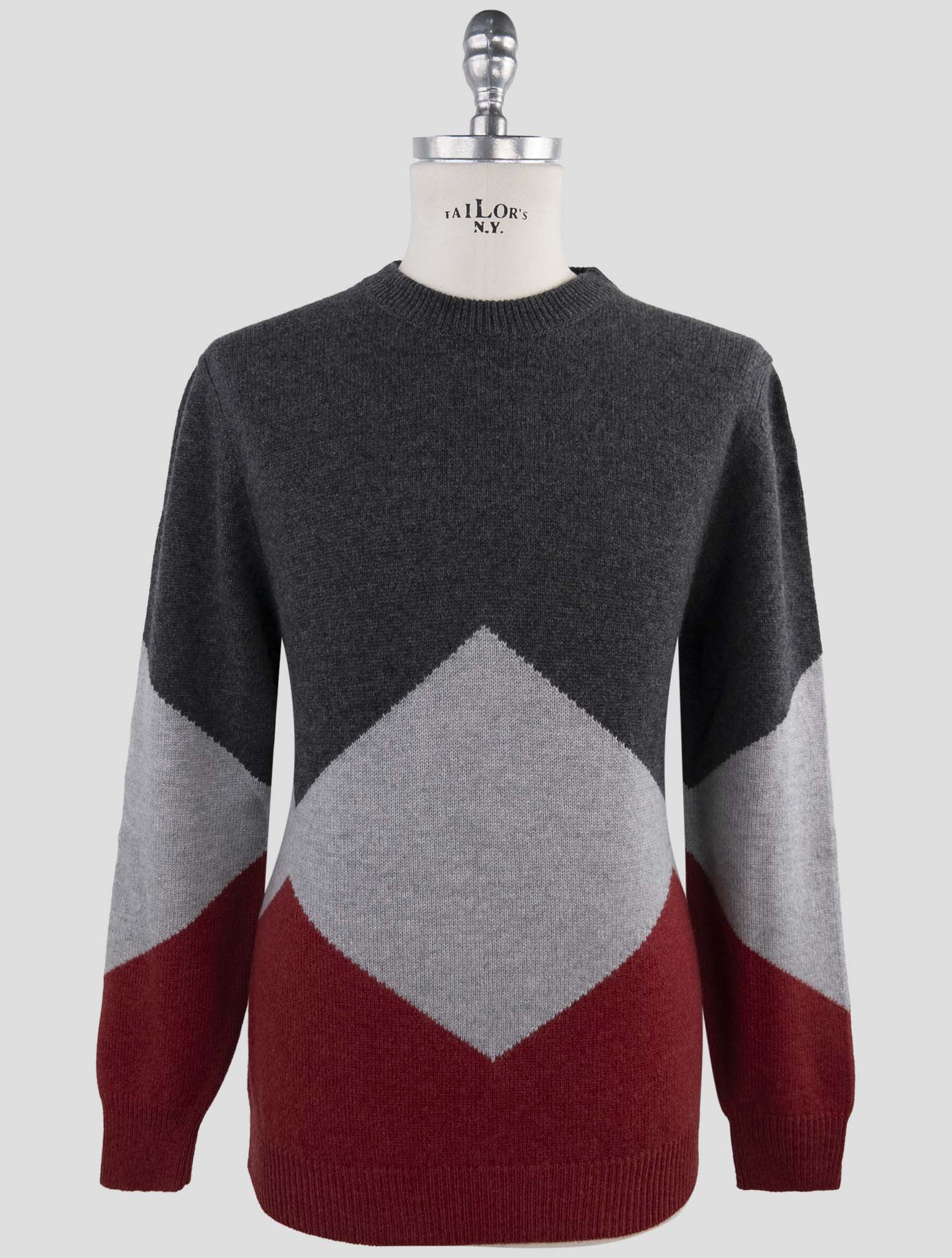 Kiton Dark Gray Red Cashmere Sweater Crewneck