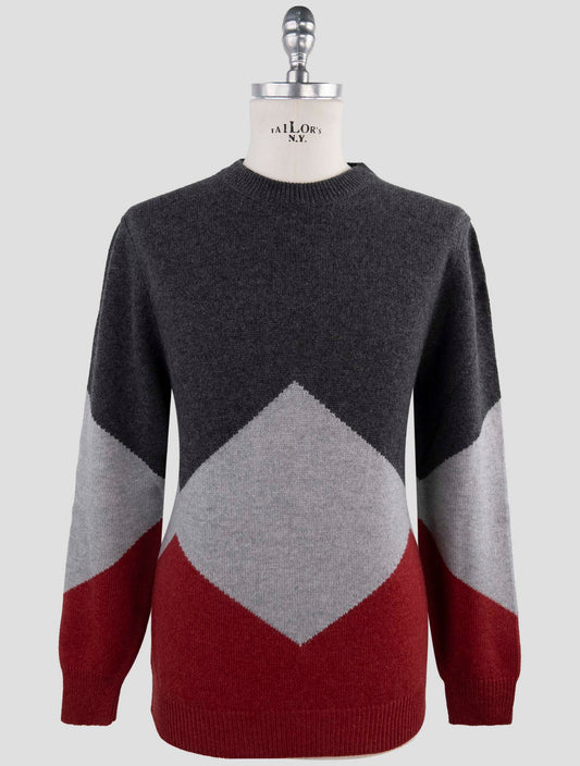Kiton Dark Gray Red Cashmere Sweater Crewneck