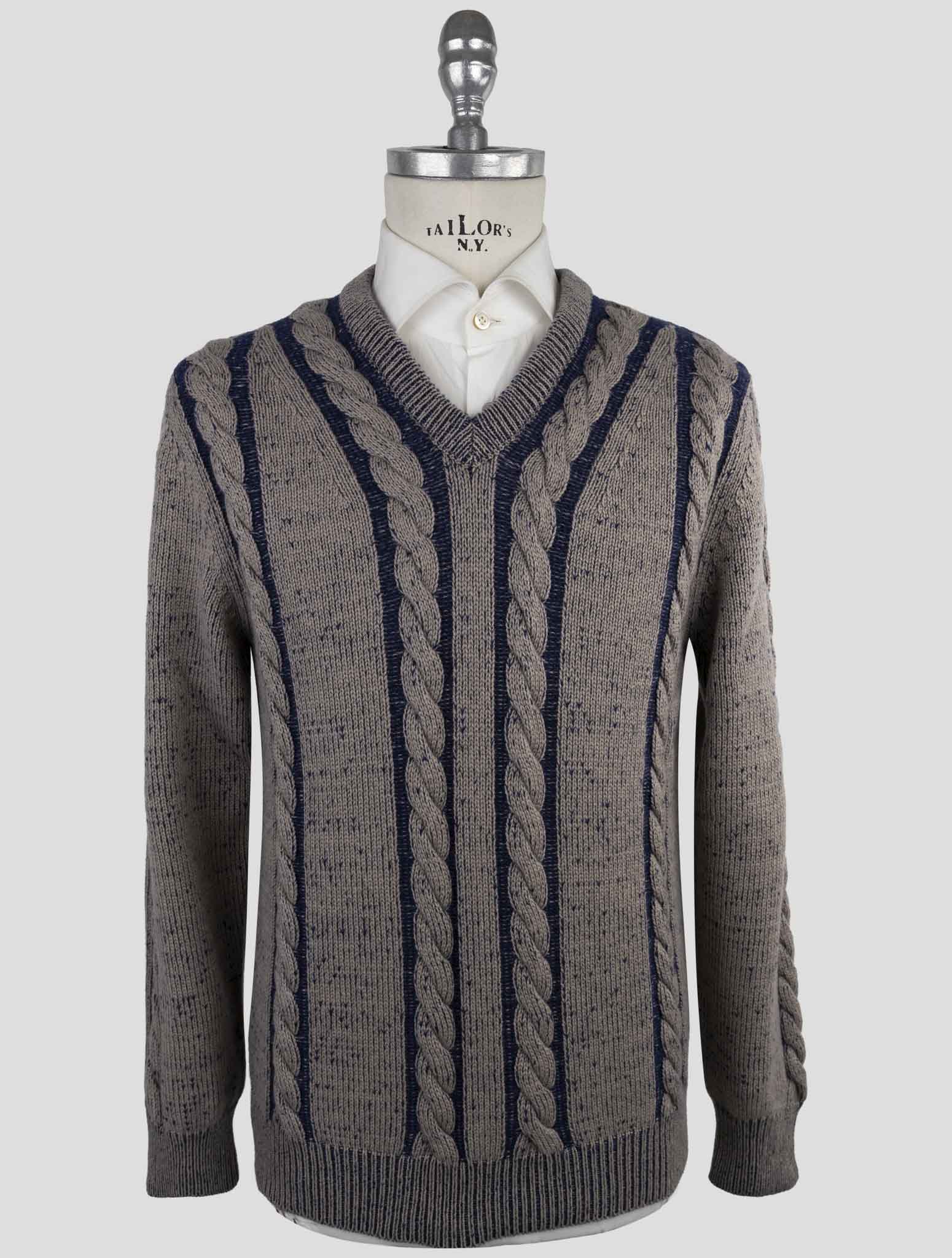 Kiton Brown Blue Cashmere Sweater V-Neck