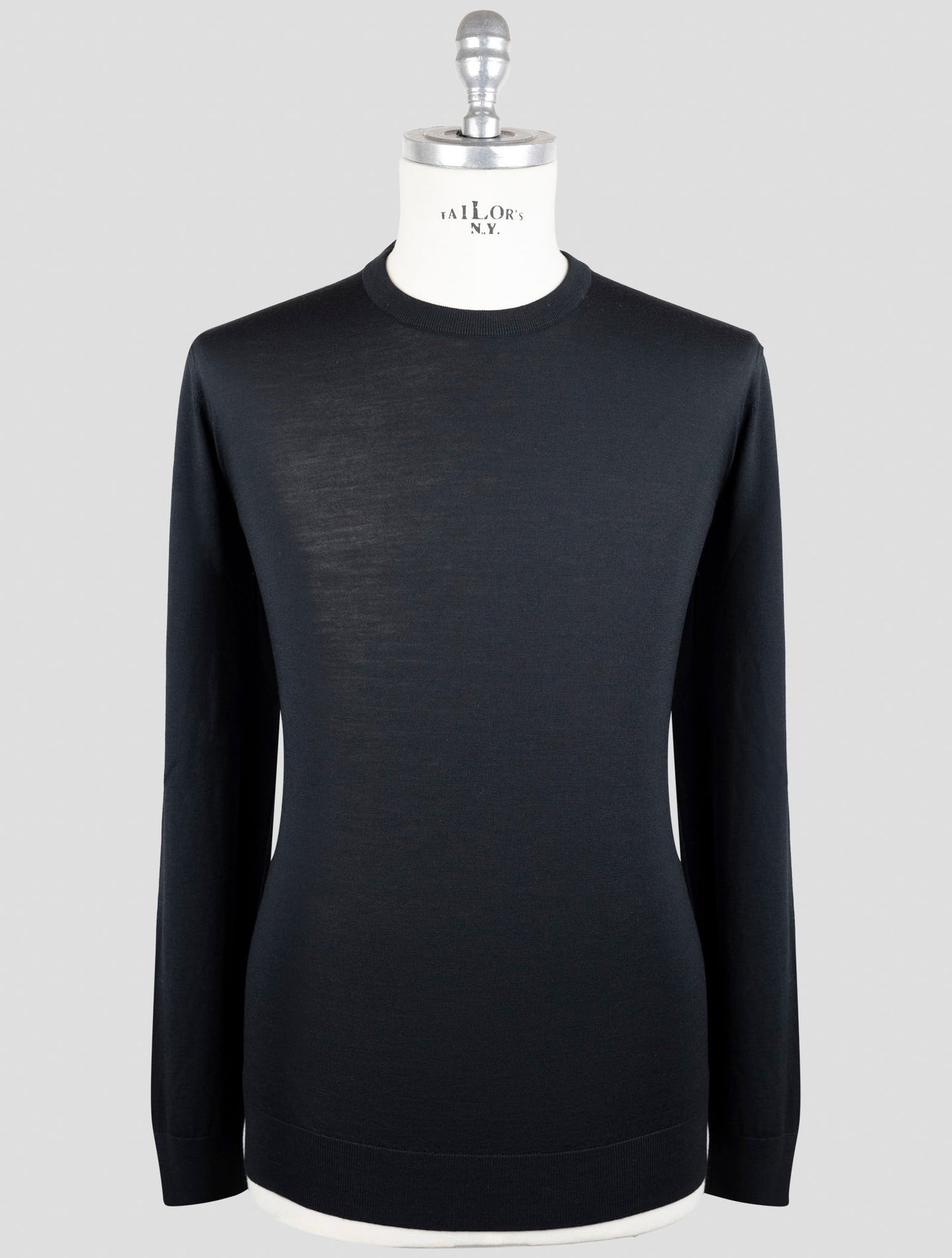 Kiton Black Wool Diamante Blue Sweater Crewneck