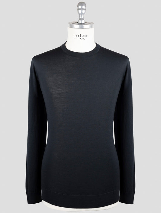 Kiton Black Wool Diamante Blue Sweater Crewneck