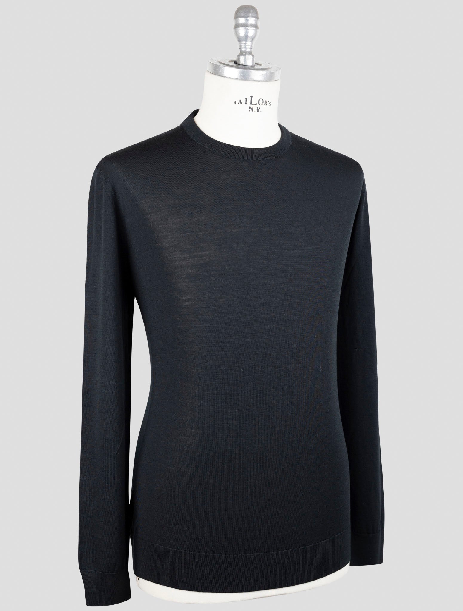 Kiton Black Wool Diamante Blue Sweater Crewneck