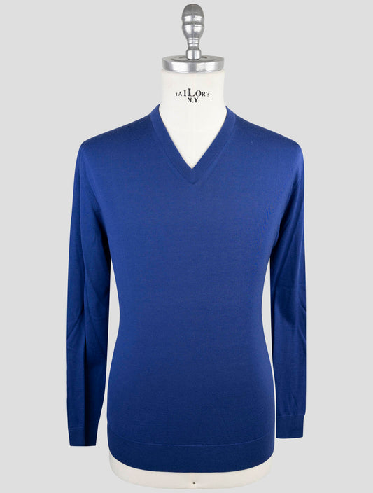 Kiton Blue Wool Diamante Blu Sweater V-Neck