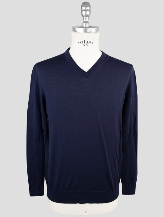 Kiton Dark Blue Wool Diamante Blu Sweater V-Neck