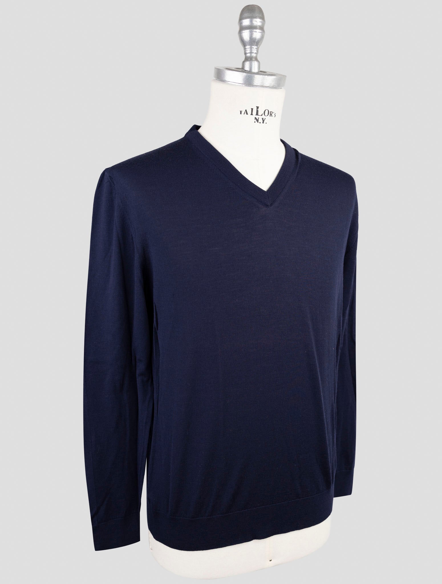 Kiton Dark Blue Wool Diamante Blu Sweater V-Neck