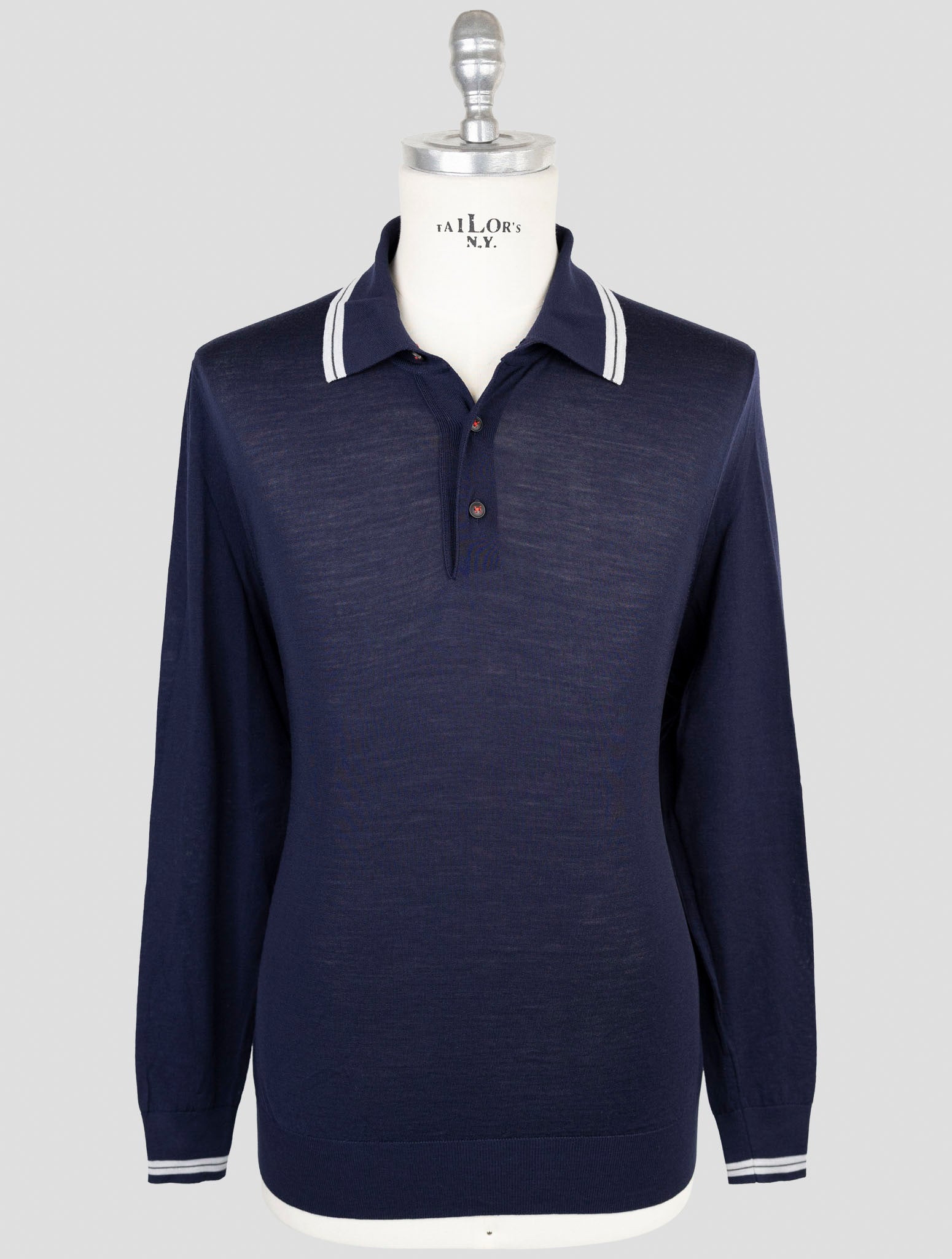 Kiton Blue Wool 14 Micron Diamante Blu Sweater Polo