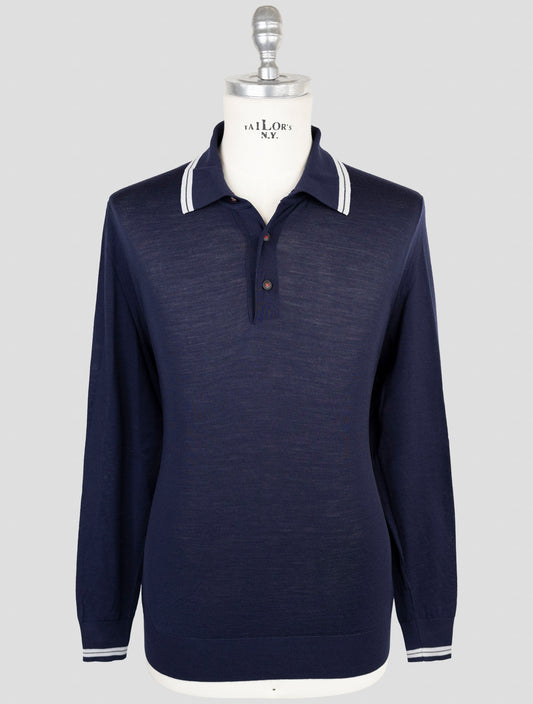 Kiton Blue Wool 14 Micron Diamante Blu Sweater Polo