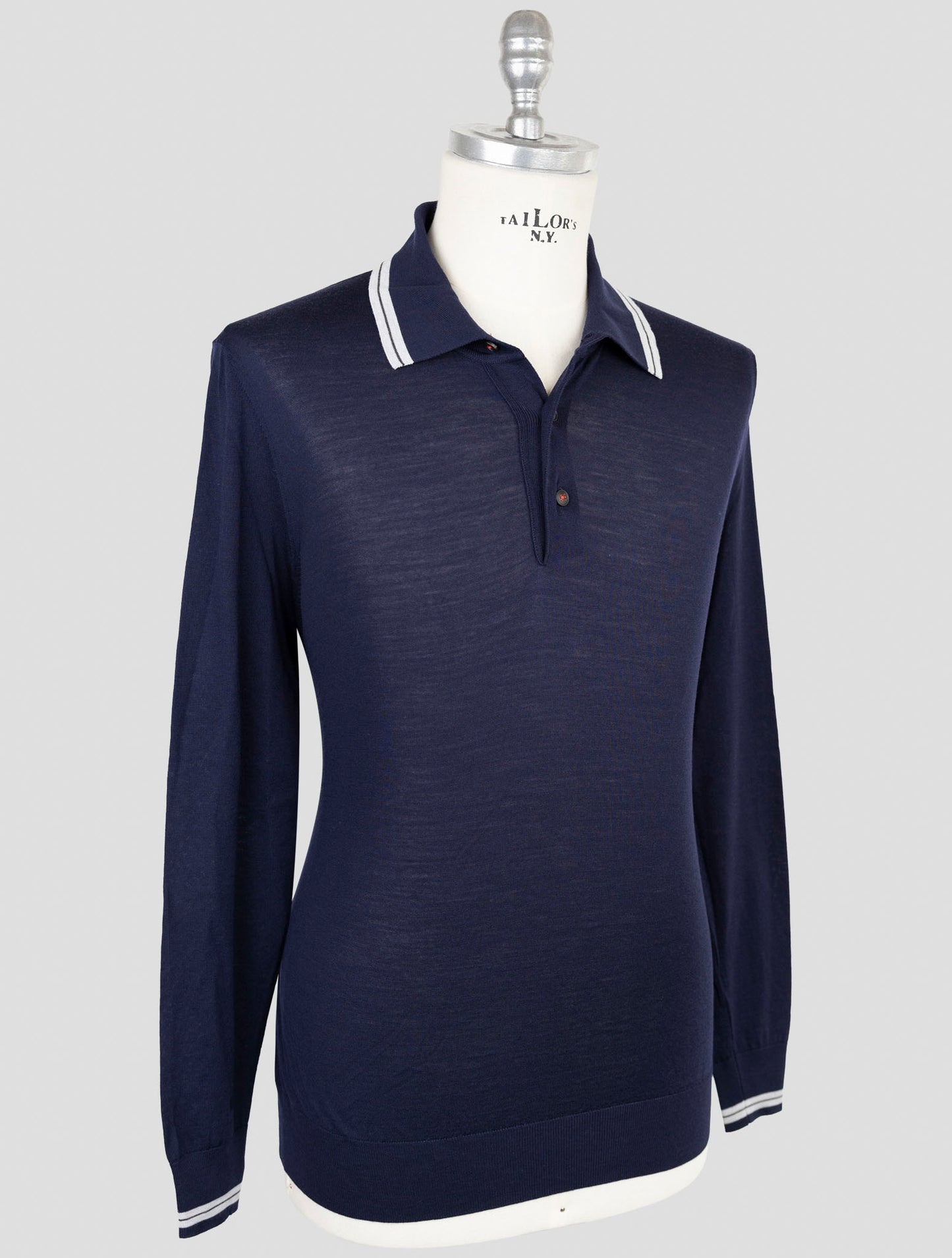 Kiton Blue Wool 14 Micron Diamante Blu Sweater Polo