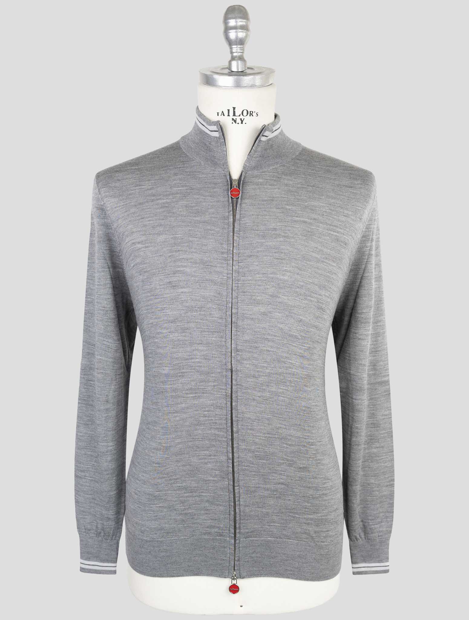 Kiton Gray Wool 14 Micron Diamante Blu Sweater Full Zip