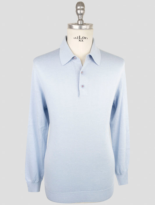 Kiton Light Blue Silk Cashmere Linen Sweater Polo