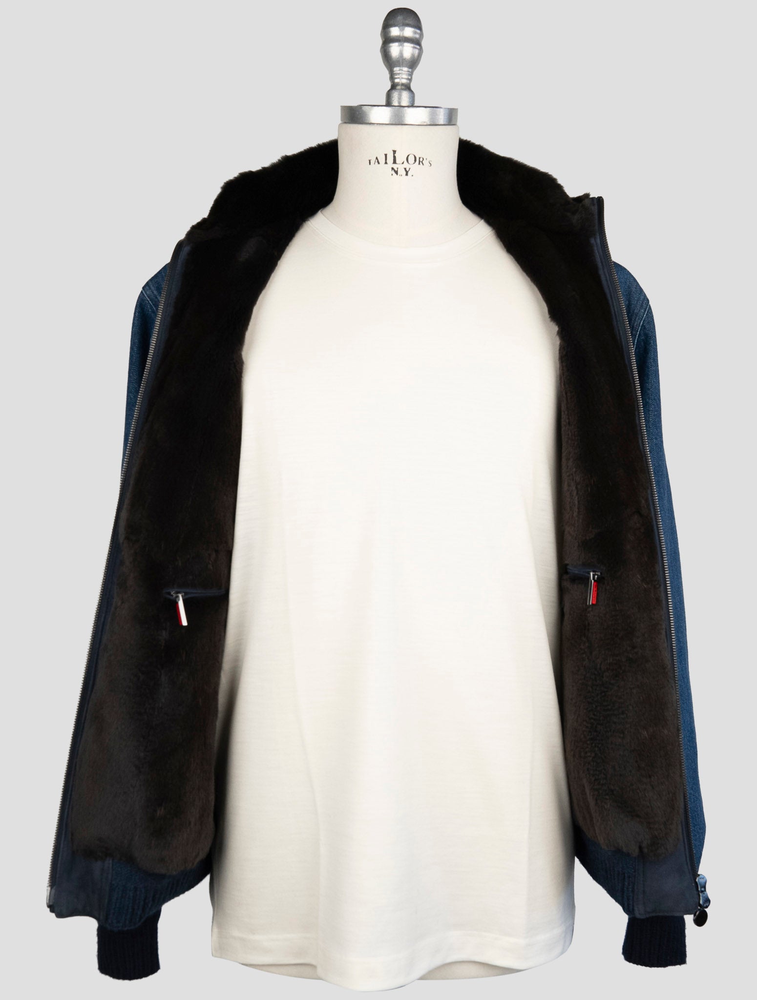 Kiton Blue Cotton Ea Weasel Fur Coat