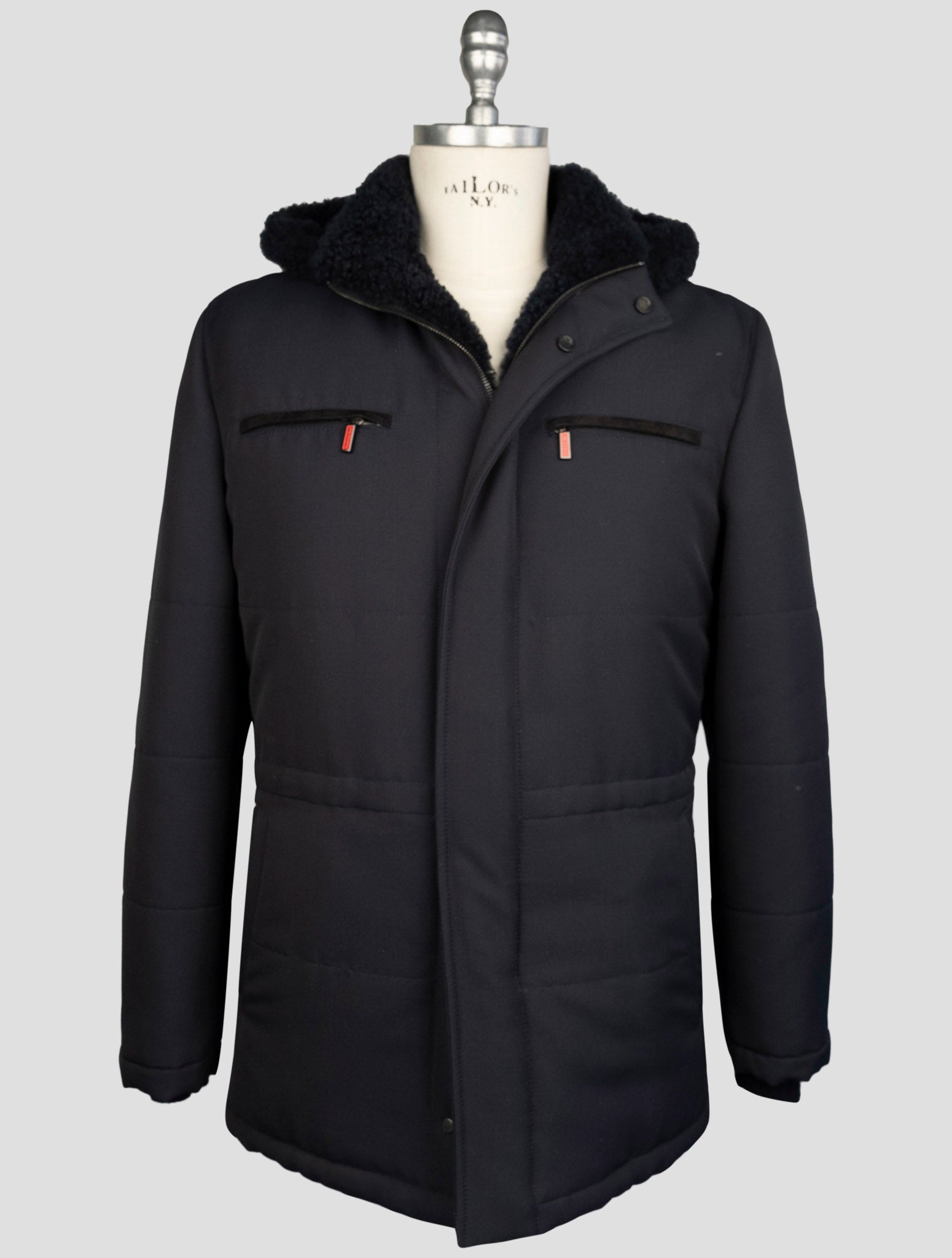 Kiton Blue Wool Pa Shearling Fur Coat