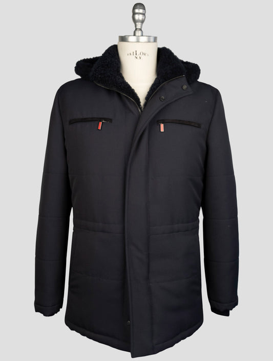 Kiton Blue Wool Pa Shearling Fur Coat