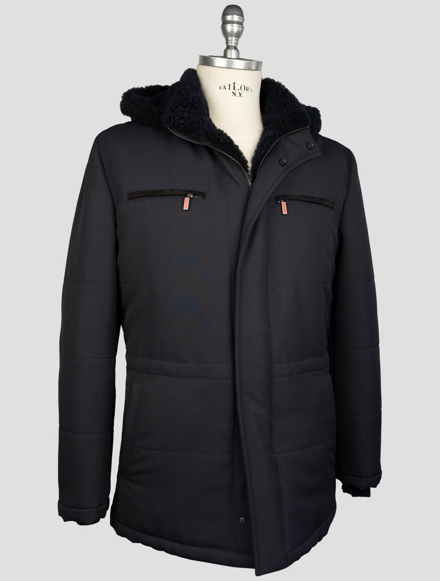 Kiton Blue Wool Pa Shearling Fur Coat