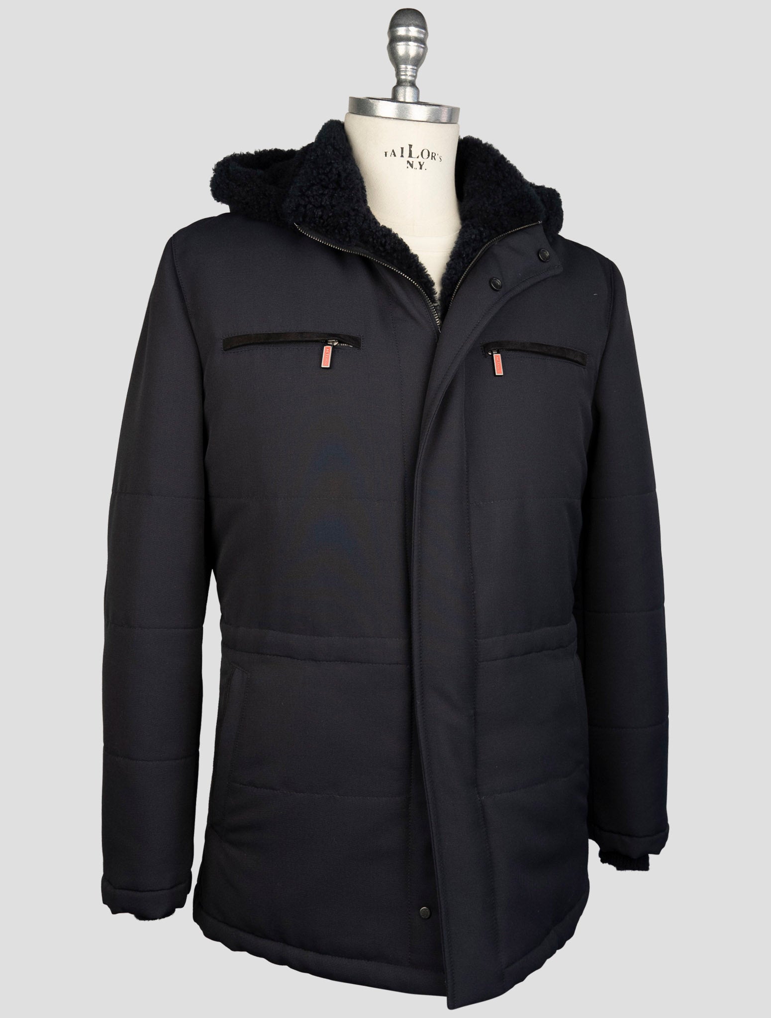 Kiton Blue Wool Pa Shearling Fur Coat