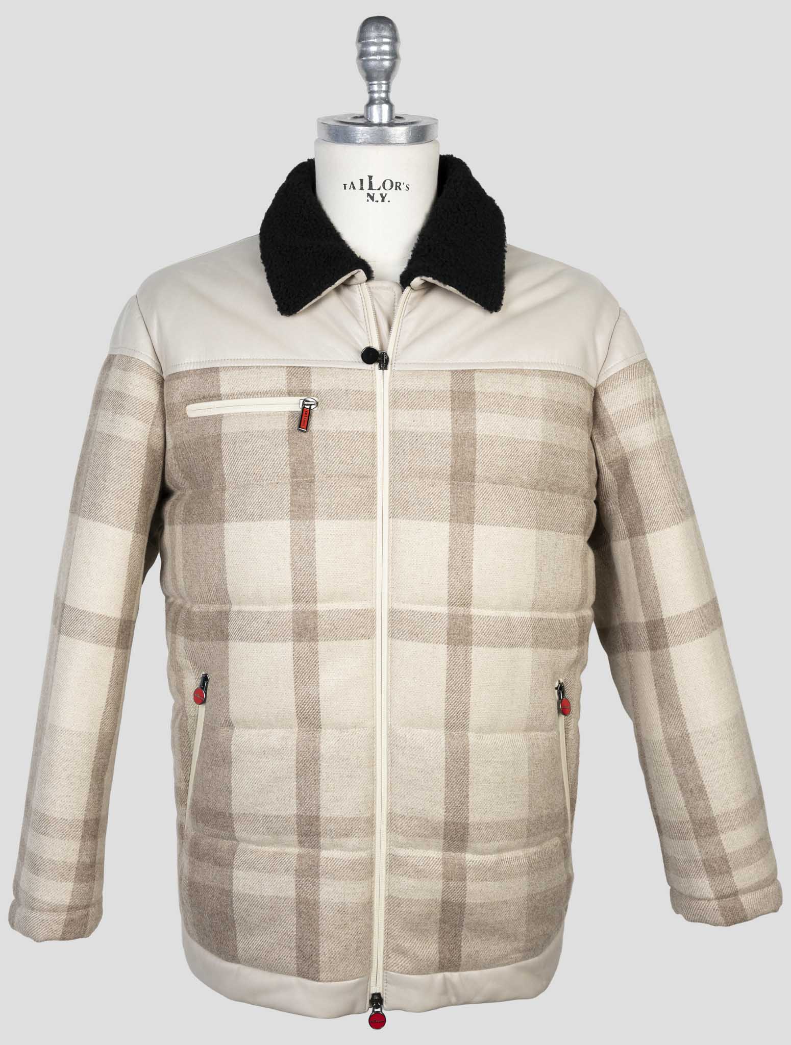 Kiton Beige Cashmere Wool Leather Coat