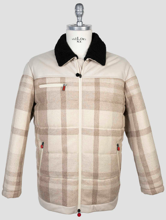 Kiton Beige Cashmere Wool Leather Coat