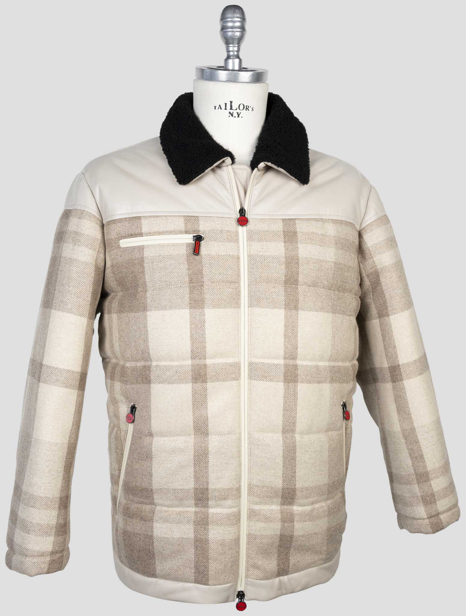 Kiton Beige Cashmere Wool Leather Coat