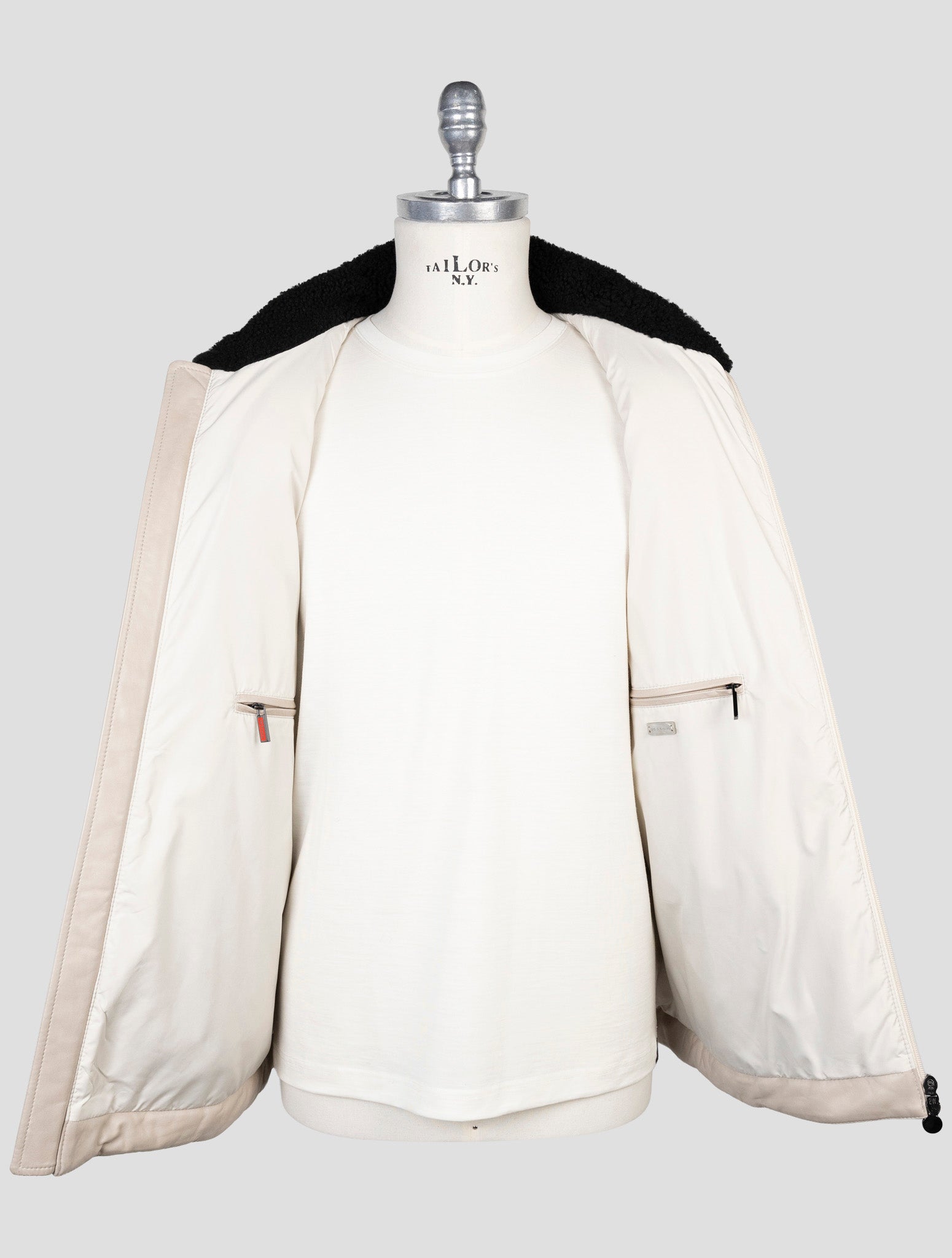 Kiton Beige Cashmere Wool Leather Coat