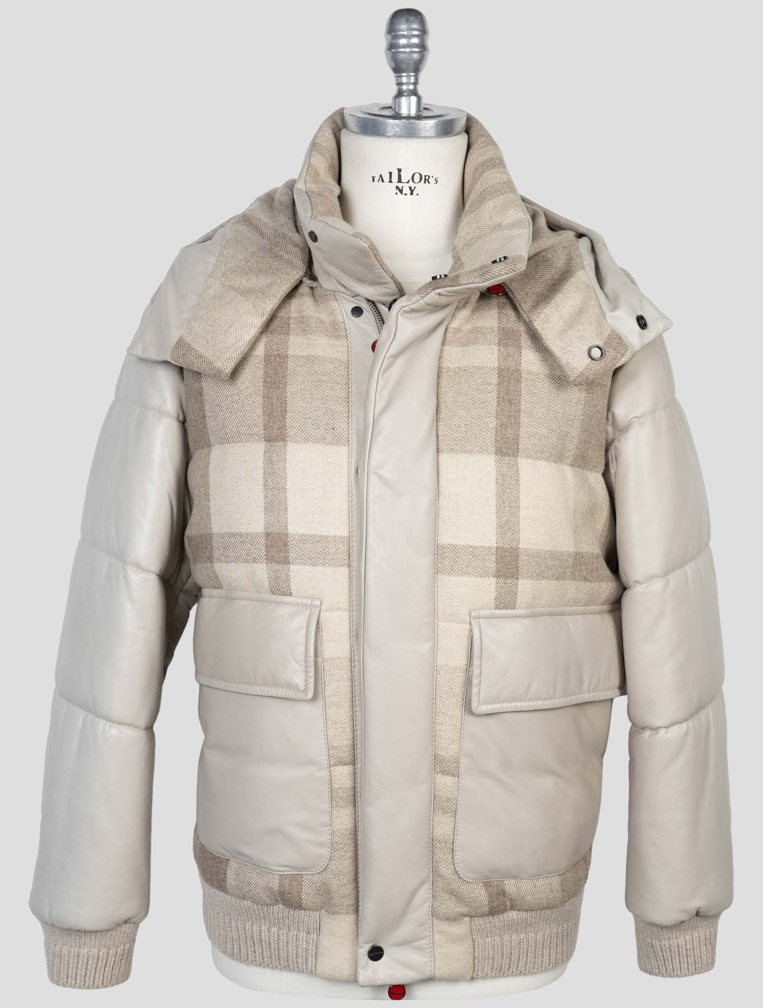 Kiton Beige Cashmere Wool Leather Coat