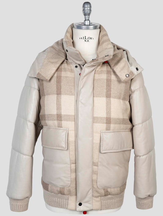 Kiton Beige Cashmere Wool Leather Coat