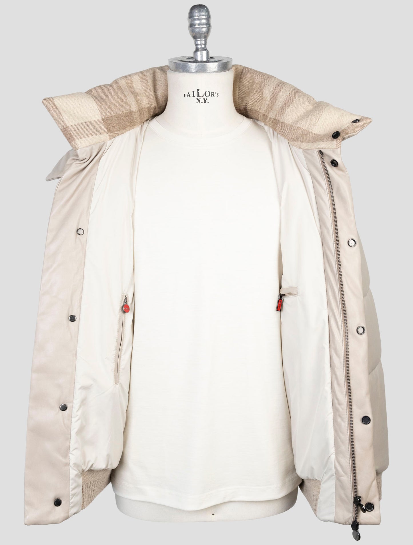 Kiton Beige Cashmere Wool Leather Coat