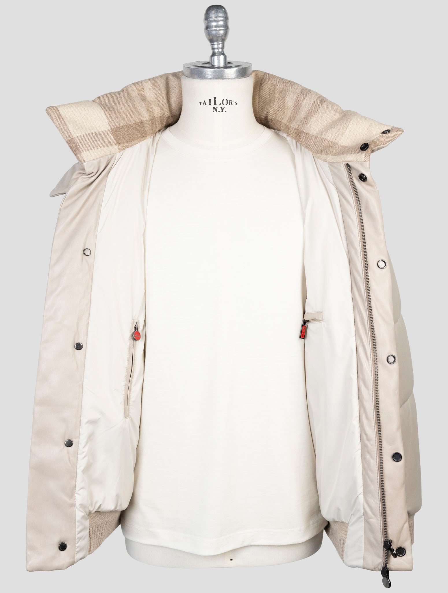 Kiton Beige Cashmere Wool Leather Coat