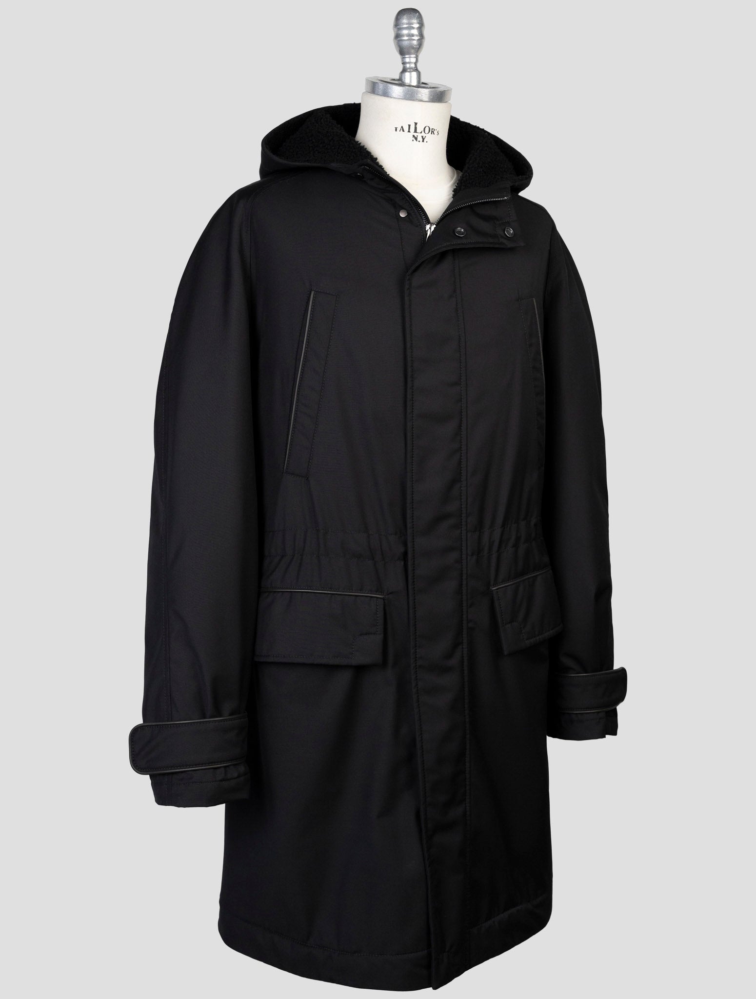 Kiton Black Pl Viscose Shearling Fur Overcoat